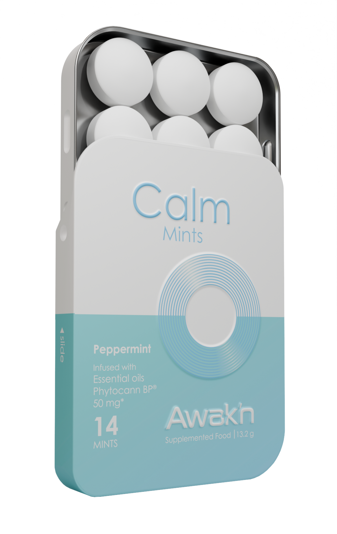 Pack of Awk'n Calm Mints with white mints in a tin on a white background