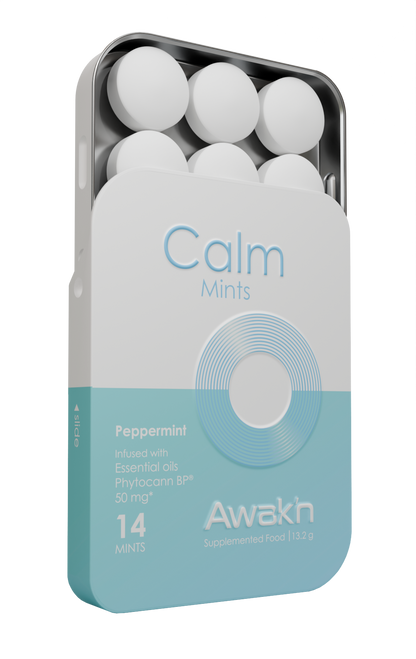 Pack of Awk'n Calm Mints with white mints in a tin on a white background
